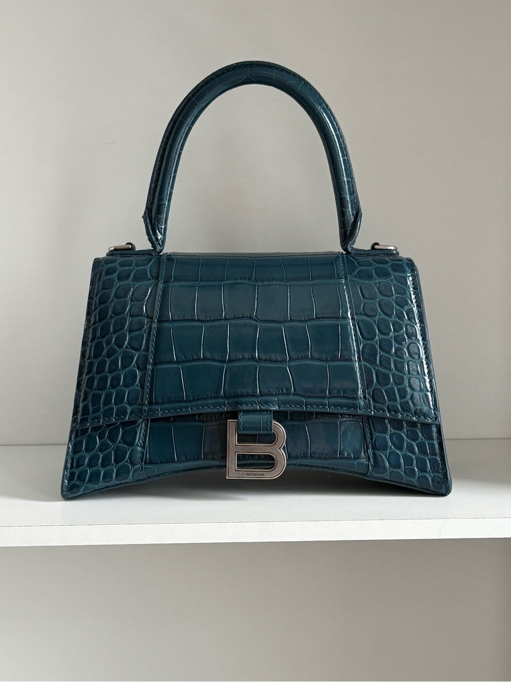 Balenciaga Medium Hourglass Croc Embossed Top Handle Bag – Blue/Teal